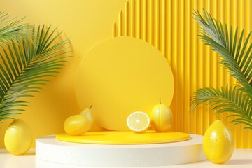 Bright yellow display with lemons and tropical leaves