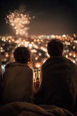 Couple wrapped in shared blanket on balcony hold champagne glasses watching fireworks burst over city skyline. Magical New Year's midnight toast, romantic celebration vibe.