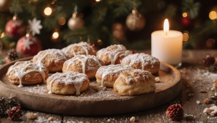 Festive Christmas Cookies with Icing and Candle on Wooden Plate.