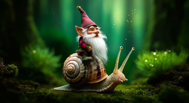 gnome riding snail on a green background