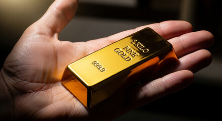 Close-up of a hand holding shiny gold bar
