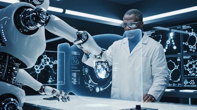Scientist in lab coat working with robotic arm. Black man in laboratory setting. Technology and innovation concept. Industrial research and development. Robotics and engineering. Modern lab