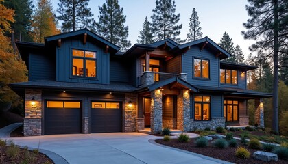 Modern dark blue two-story house with stone accents and attached double garage. Surrounded by tall pine and autumn trees during dusk. Warm lights glow from windows and exterior.