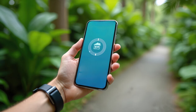 Hand holding smartphone with smart home app on screen. Person controls home automation with mobile device in garden. Smart home system on phone screen with house icon.