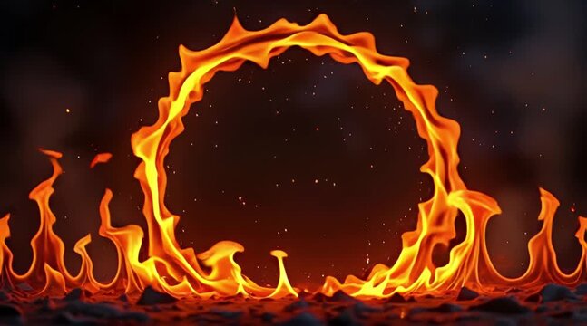 Dynamic Ring of Fire Abstract Against Dark Background with Sparks and Intense Glowing Heat