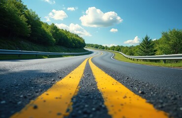 Winding asphalt road curves sharply uphill through rich green forest. Double yellow lines guide path. Bright blue sky with white clouds above. Journey, progress, change, future, growth, challenge,