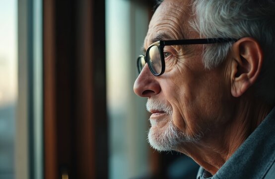 Close up photo of older man wearing glasses. He looks thoughtful while gazing out a window. This photo suitable for articles on aging or business - Powered by Adobe