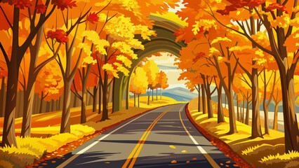 Very beautiful rural Vermont road near Groton, lined with trees glowing in vibrant yellow autumn leaves, forming a warm seasonal tunnel of color in a peaceful countryside setting.