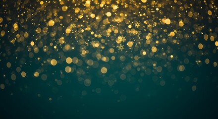 Festive golden lights and sparkling snowflakes on a teal background