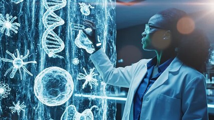 Female scientist in lab coat interacting with futuristic medical interface. Diagnostic medical imaging display. Virtual biology and DNA screen. Laboratory setting with health technology. Blue tone. - Powered by Adobe