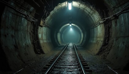 Dark abandoned subway tunnel with rail tracks. Wet dirty ground floor, rough concrete walls. Lights cast eerie glow into mysterious dark passage. No people inside.