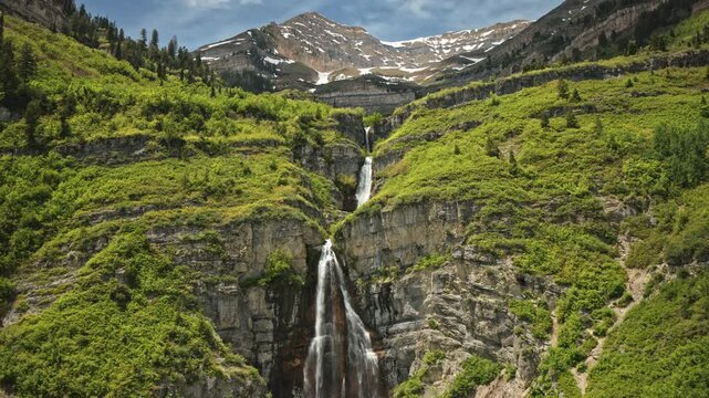 Aerial Flyover approaching Stewart Falls / Sundance, Utah, USA 