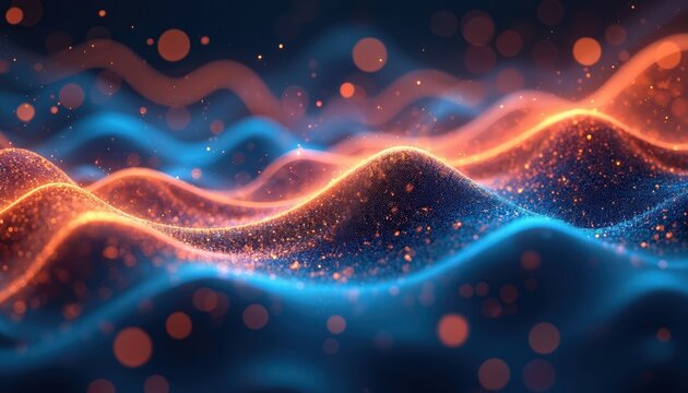 Abstract image features blurred blue orange shapes. Background shows waves, glow spots. Gives modern vibe. Suitable for presentation backdrop web design. Evokes sense of futuristic style, dynamism.