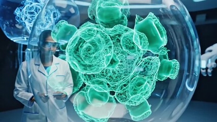 Scientist in lab coat and mask. Virtual green virus model. Medical research concept. Laboratory setting. Virtual reality technology. 3D illustration. - Powered by Adobe