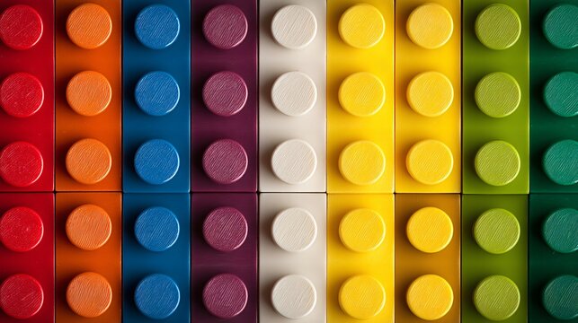 Colorful plastic toy bricks background, closeup of interlocking toy bricks
