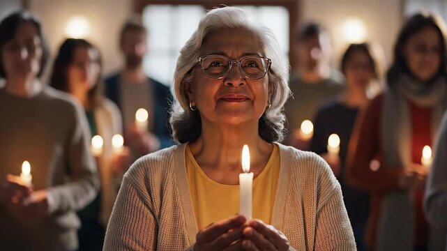 Elderly Woman Holding Lit Candle with Closed Eyes Surrounded by Group with Soft Lighting