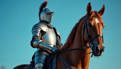 Fototapeta premium Medieval knight in full steel armor rides a brown horse under a clear blue sky. The warrior is equipped for battle with helmet and gauntlets ready for combat. This is a historical scene.