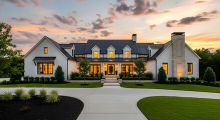Naklejka premium Luxury home exterior at sunset with beautiful landscaping
