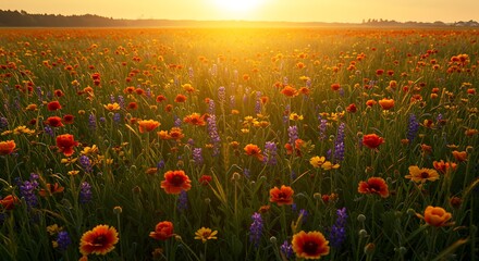 Vibrant wildflower meadow blooms under a golden sunset glow landscape