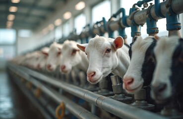 White goats stand in row inside modern dairy farm. Farm animals await milking in metal stalls with tech equipment. Shows animal husbandry, milk production, livestock farming process at large ranch.