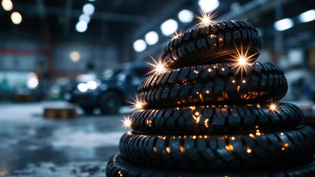 Sparkling stacked tires in an industrial garage with blurred car in background