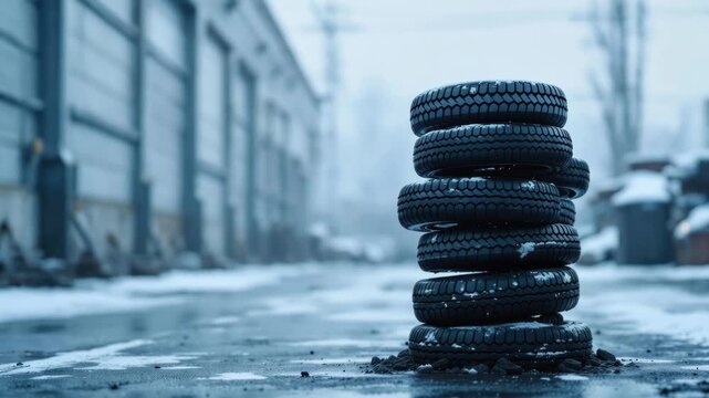 Stacked tires in urban winter scene with snowy background