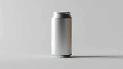 Blank silver aluminum can for beverage packaging. Product mockup template isolated on a light gray background. Cold drink container with copy space for branding and design