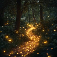 Firefly Magic Enchanting Forest Path with Glowing Insect, nature ,fantasy   high resolution   for isolate image