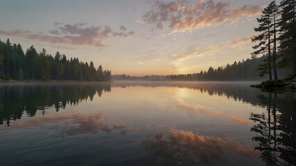 Fototapeta premium Misty Sunrise Over a Lake in Forested Area