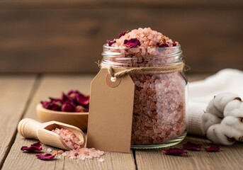 Natural bath salt jar with rose petals and blank kraft tag on rustic table 