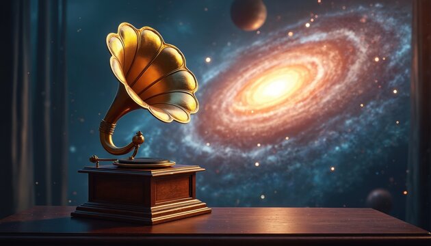 Shiny golden antique gramophone with horn sits on polished dark wood table. Behind brilliant spiral galaxy with glowing stars, far away planets illuminates vast cosmic space. Vintage music player - Powered by Adobe
