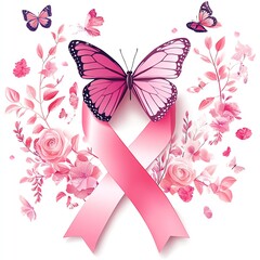Pink Ribbon with Butterflies Digital Illustration
