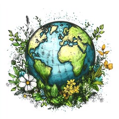 Green Earth Illustration Hand-drawn Globe with Flora and Fauna, Ecology Concept, Earth Day Environment, Sustainability   high resolution   for isolate image