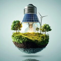 Green Energy Lightbulb Composition with Solar and Wind Power, Renewable Energy, Sustainable Living Renewable energy, Solar power   high resolution   for isolate image