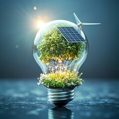 Green Energy Lightbulb Composition with Solar and Wind Power, Renewable Energy, Sustainable Living Renewable energy, Solar power   high resolution   for isolate image