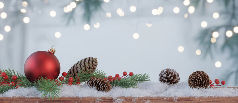 Festive Christmas still life with red ornament pinecones and berries on snow creating a cozy holiday scene with bokeh lights - Powered by Adobe