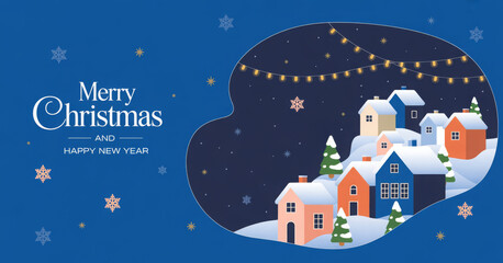 Naklejka premium Christmas village illustration winter landscape with houses and snow vector design for holiday greeting card or banner
