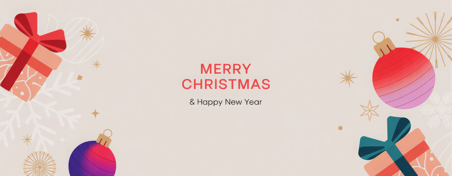 Festive Christmas and Happy New Year banner featuring gift boxes and ornaments perfect for holiday greetings and seasonal promotions