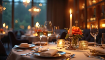 Romantic dinner illustration features set table with wine glasses candle flowers. Fine dining setup evokes elegance, celebration. Perfect for luxury lifestyle travel event marketing materials