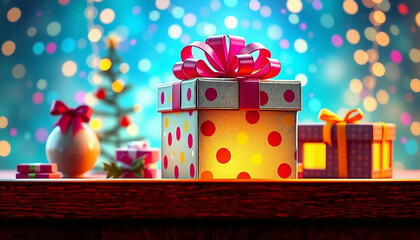 Nostalgic color gift box with holiday retro patterns. Bright holiday card
