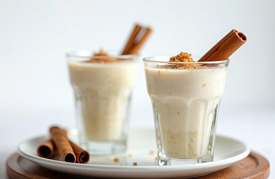 Two glasses filled with horchata drink on white plate. Traditional mexican cocktail features rice cinnamon vanilla, almond flavors. Refreshing beverage served cold for summer. Rustic food photo for