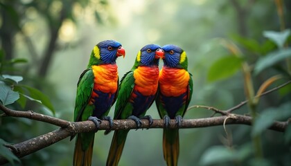Three colorful lorikeet parrots perch on a tree branch in a green jungle. Their vibrant feathers contrast with the soft misty forest background. The scene is tranquil and natural.