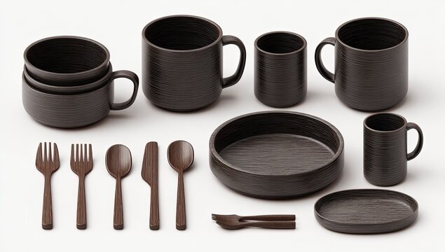 Brown tableware set, plates, cups, utensils, simple design