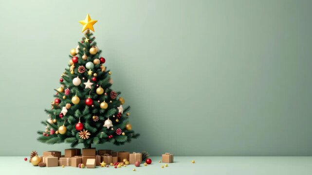 Festive christmas tree with gifts and colorful ornaments on minimal green background