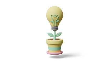 3D clay-style lightbulb growing from a small flower pot in pastel yellow and mint tones, symbolizing creativity and eco innovation, isolated on white background.