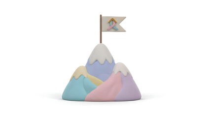 3D clay-style mountain with a flag on the peak, symbolizing achievement and goals, soft pastel tones, clean minimal look, isolated on white background.