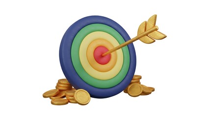 3D clay-style bullseye target with golden coins and an arrow hitting the center, symbolizing success and financial goals, pastel colors, isolated on white background.