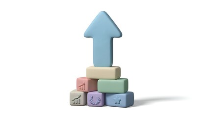 3D clay-style arrow rising from colorful stacked blocks, symbolizing growth and progress, soft pastel tones, clean minimal look, isolated on white background.