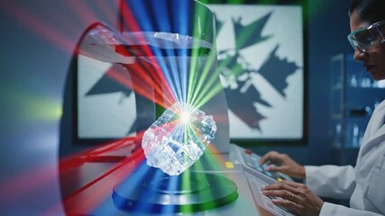 Scientist in lab coat working with holographic display. Man in safety goggles using tablet. Virtual reality interface with laser beams and diamond. High tech laboratory background. Modern scientific - Powered by Adobe