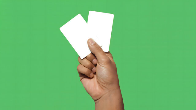 Hand holding two blank white cards on green screen background, empty plastic credit card mockup, chroma key isolated template, for video, editing, id, payment, vfx.